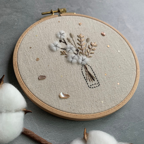 受注制作】｢花瓶とコットンと｣ 手刺繍ファブリックパネル フレーム
