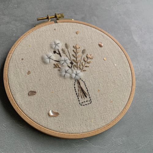 受注制作】｢花瓶とコットンと｣ 手刺繍ファブリックパネル フレーム