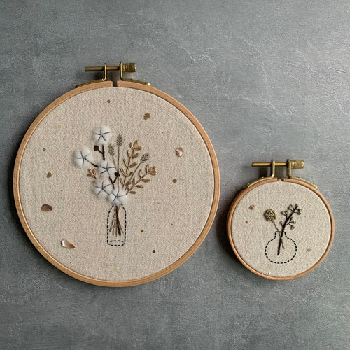 受注制作】「小枝と小瓶」手刺繍ファブリックパネル 直径8cm