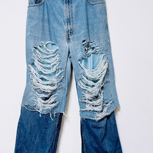 2色 デニム ダメージジーンズ 男女兼用 ルーズ アメカジ レトロ ダメージデニムツートンカラー ロングパンツ Concept store 通販
