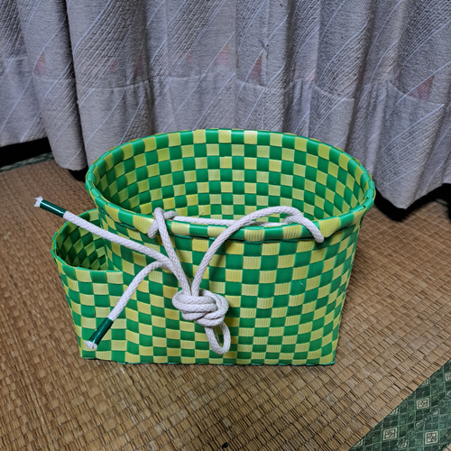 ○PPバンドかご(ポケット付きはけご小)、収穫かご、プラカゴ 模様b-緑