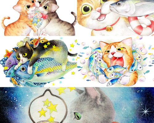 SALE！本棚と猫さんたち　　イラスト 猫だくさんポストカード4枚セット イラスト 岡田千夏 通販