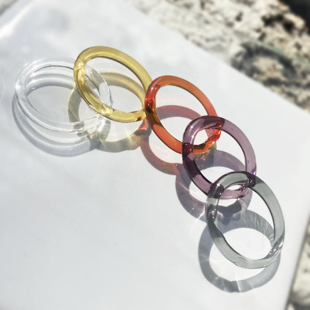 秋冬・大人色コーデ5本セット　細身・軽やかリング　シンプル・ストレートのガラスの指輪