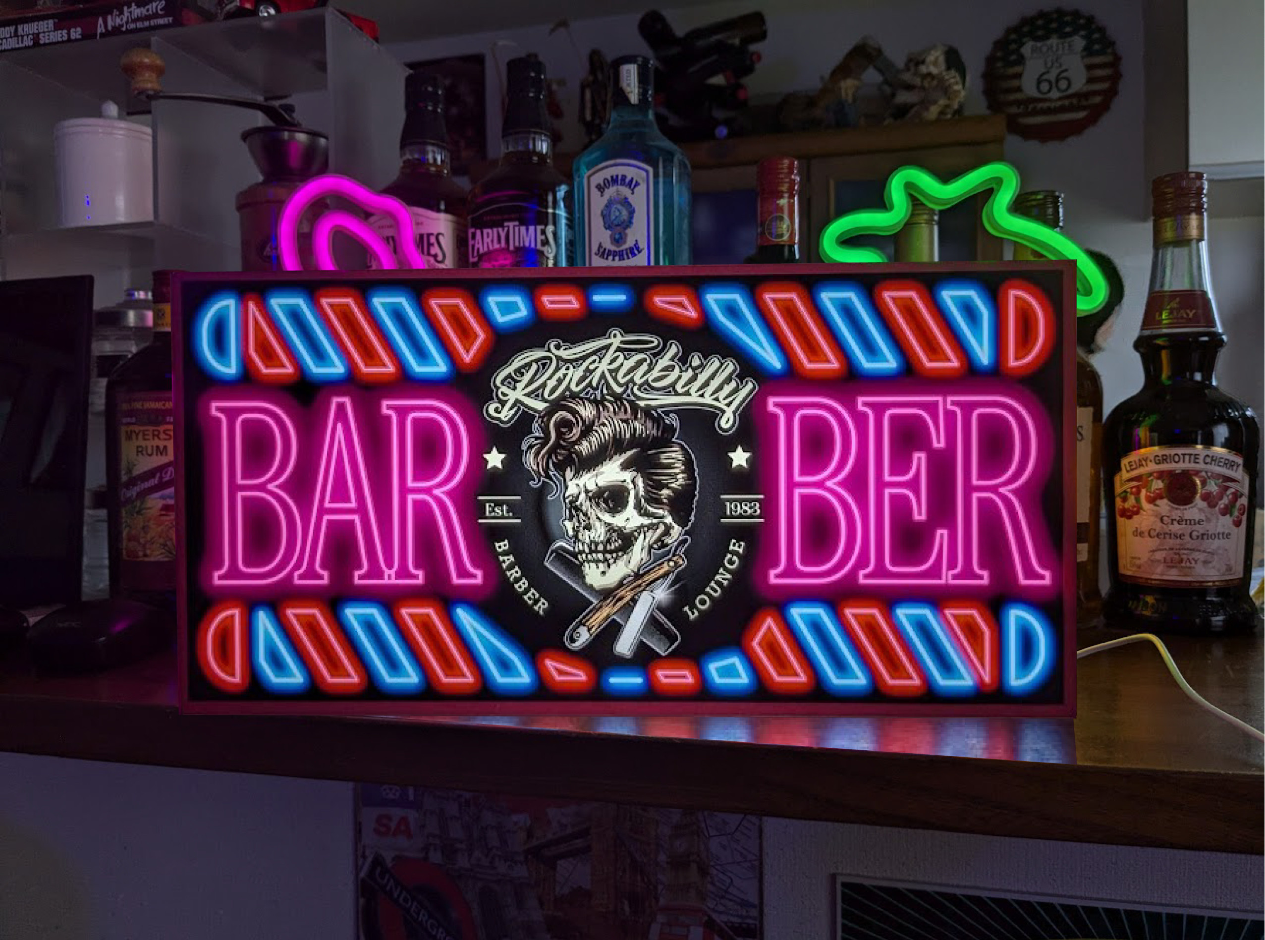 【Lサイズ】バーバーショップ 理容室 ヘアーサロン ロカビリー スカル ロック 照明 看板 置物 雑貨 ライトBOX