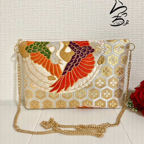 kimono】帯リメイク 亀甲に鶴 クラッチバッグ クラッチバッグ ら