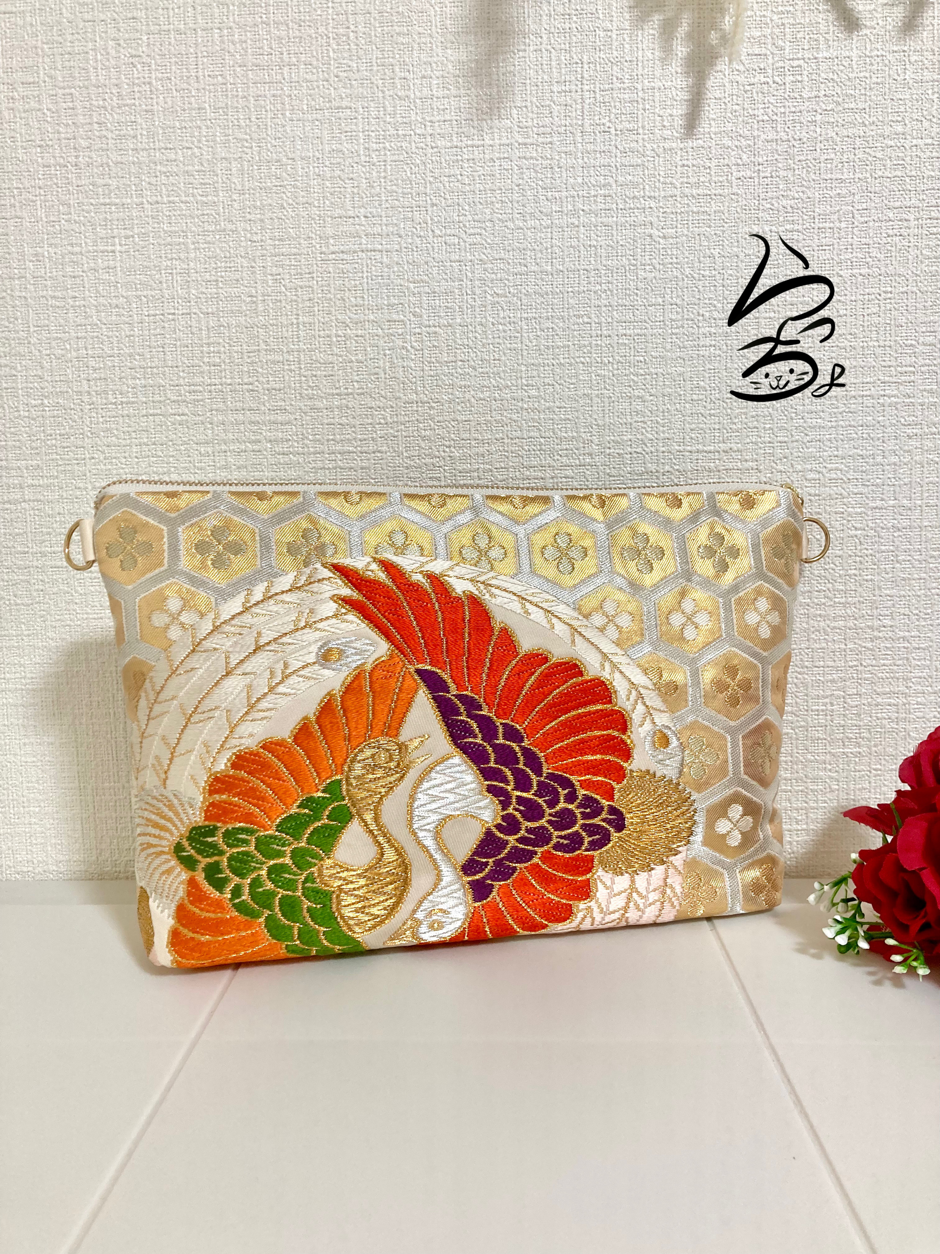 【kimono】帯リメイク 亀甲に鶴 クラッチバッグ