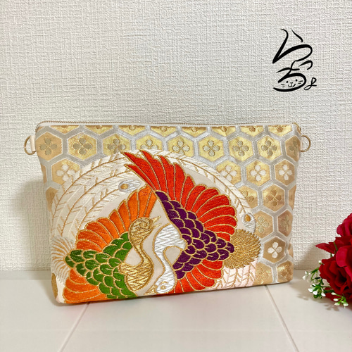kimono】帯リメイク 亀甲に桐菊橘 クラッチバッグ クラッチ