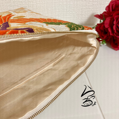 kimono】帯リメイク 亀甲に鶴 クラッチバッグ クラッチバッグ ら