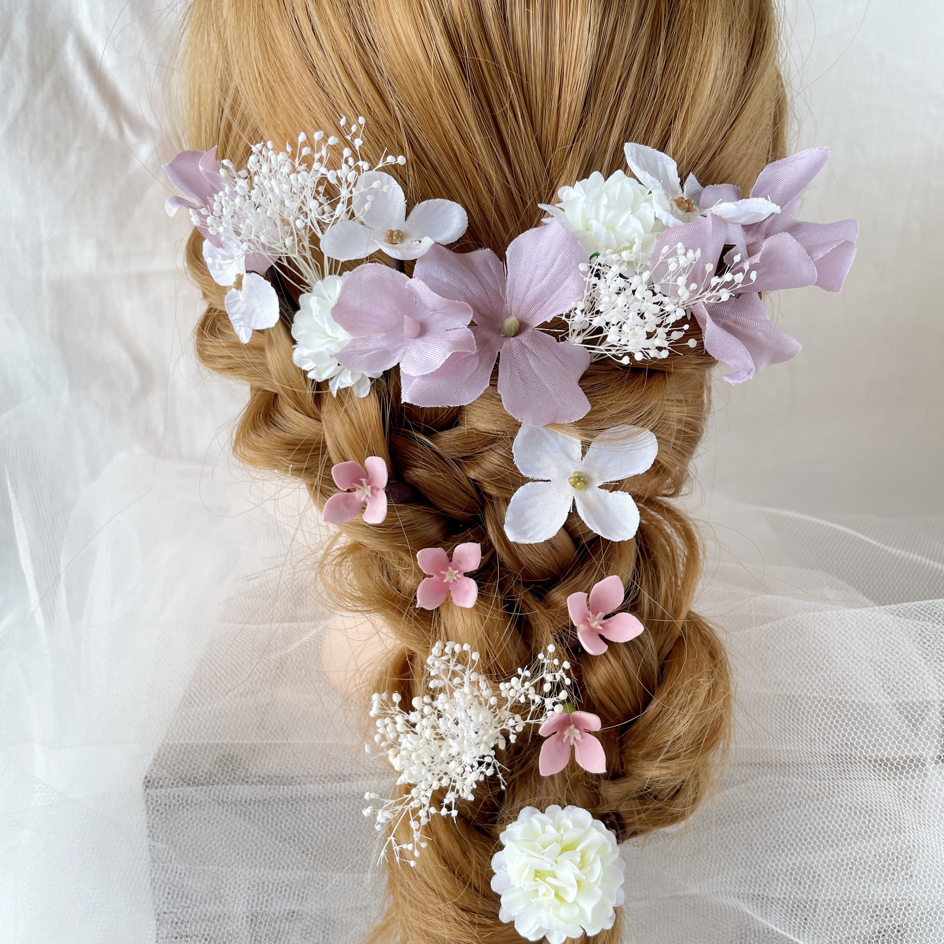 ブライダル　ウエディング　結婚式　かすみ草　成人式　卒業式　ローズ　ヘッドドレス　ラプンツェルヘア　髪飾り　袴　和装