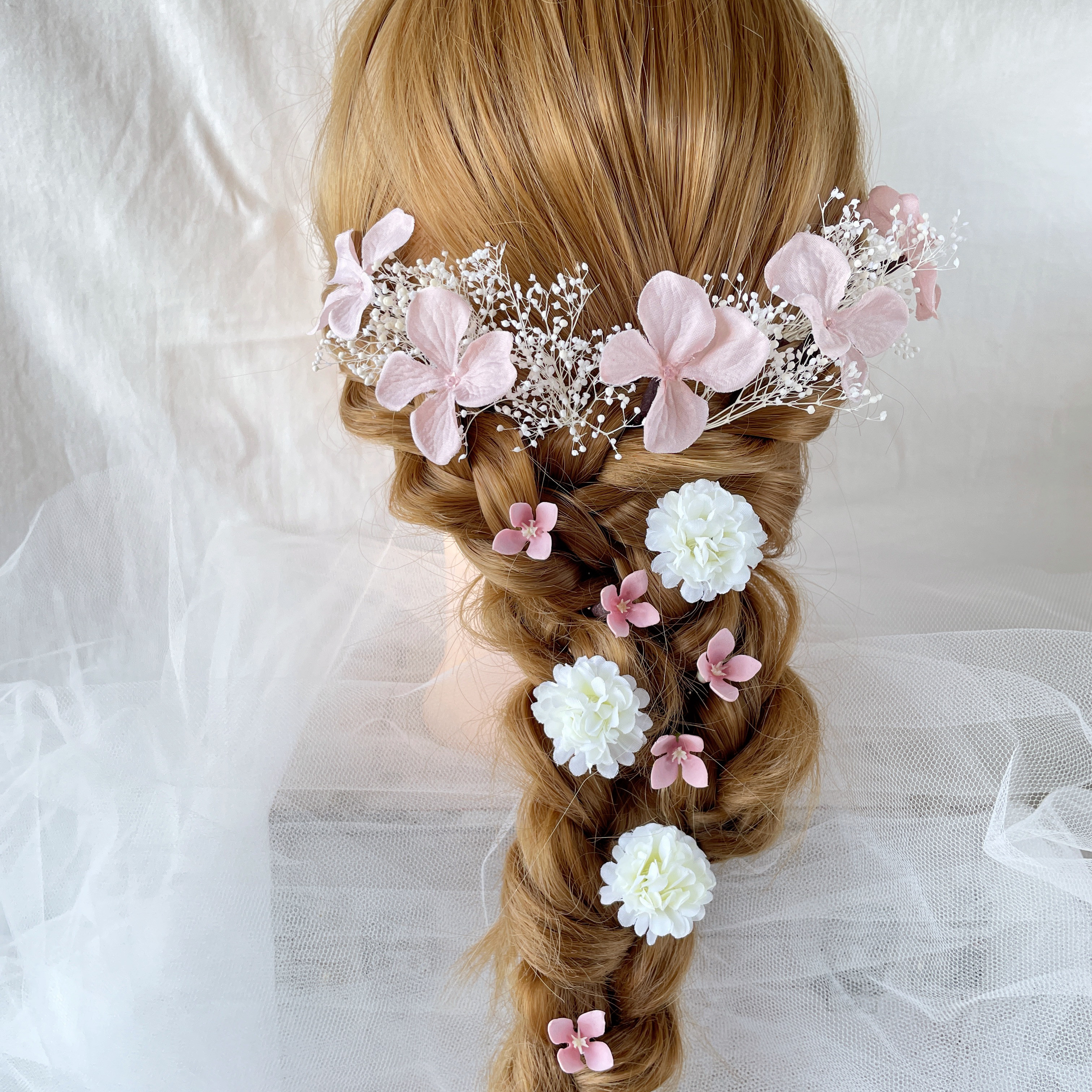 ブライダル　ウエディング　結婚式　かすみ草　成人式　卒業式　ローズ　ヘッドドレス　ラプンツェルヘア　髪飾り　袴　和装