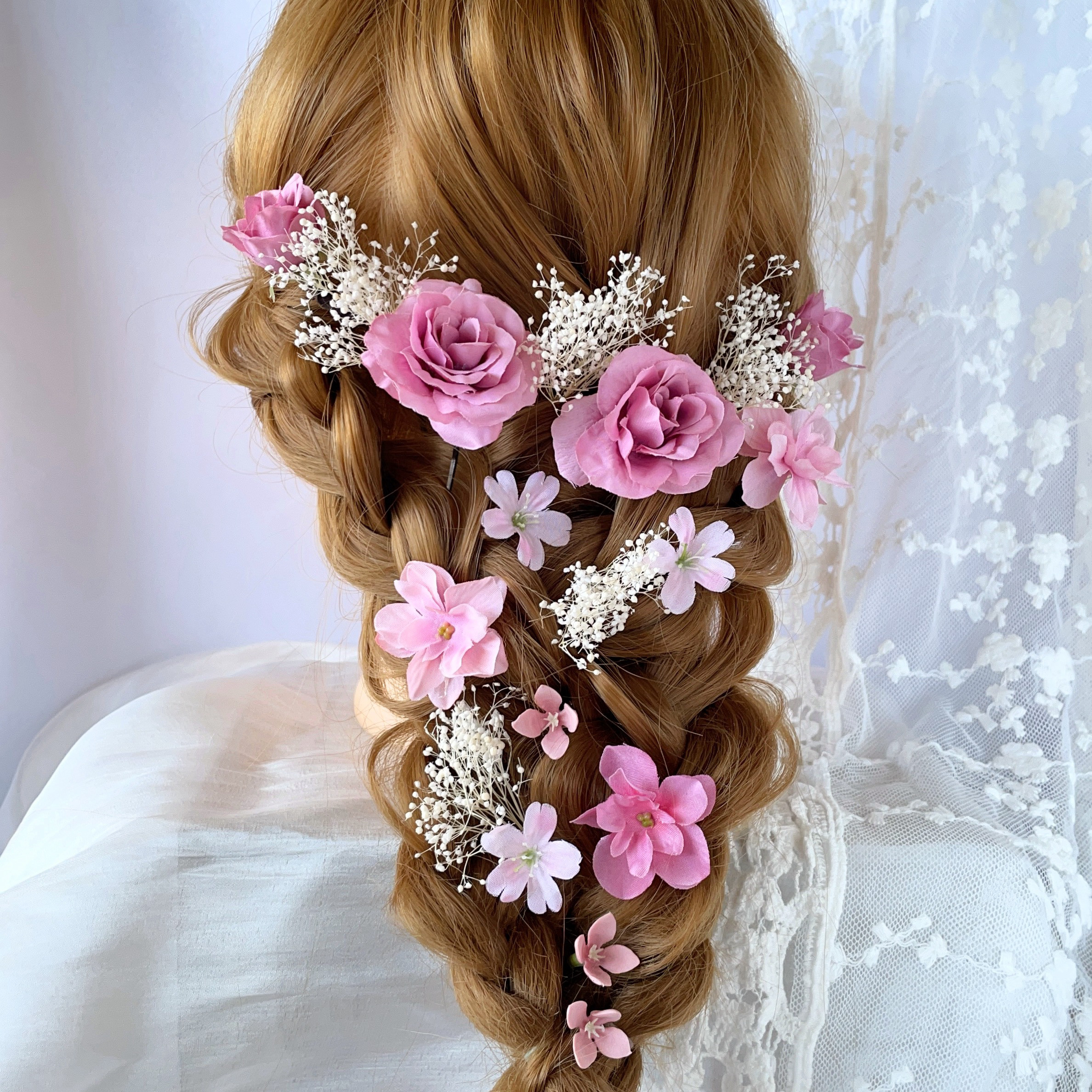 ブライダル　ウエディング　結婚式　かすみ草　成人式　卒業式　ローズ　ヘッドドレス　ラプンツェルヘア　髪飾り　袴　和装