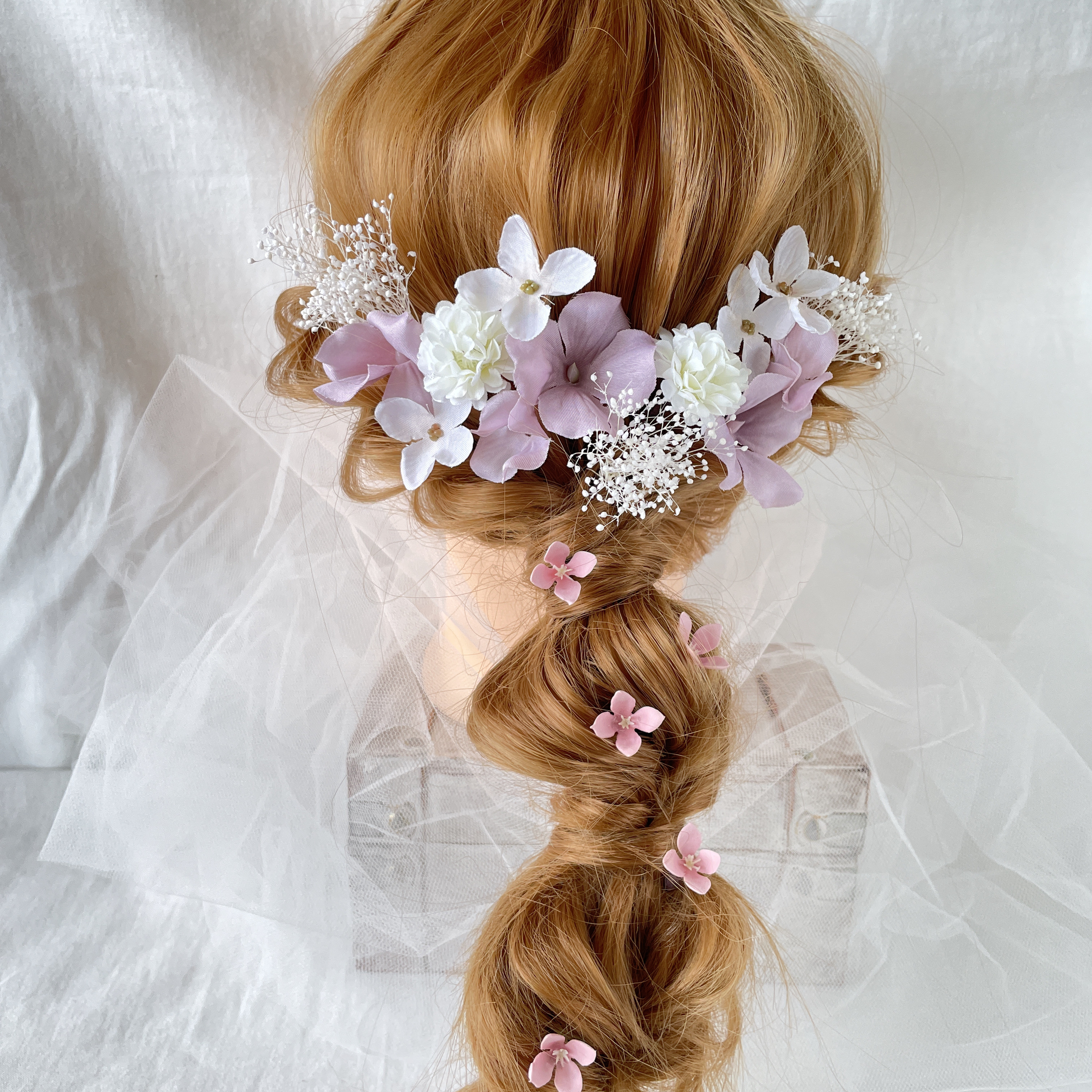 ブライダル　ウエディング　結婚式　かすみ草　成人式　卒業式　ローズ　ヘッドドレス　ラプンツェルヘア　髪飾り　袴　和装