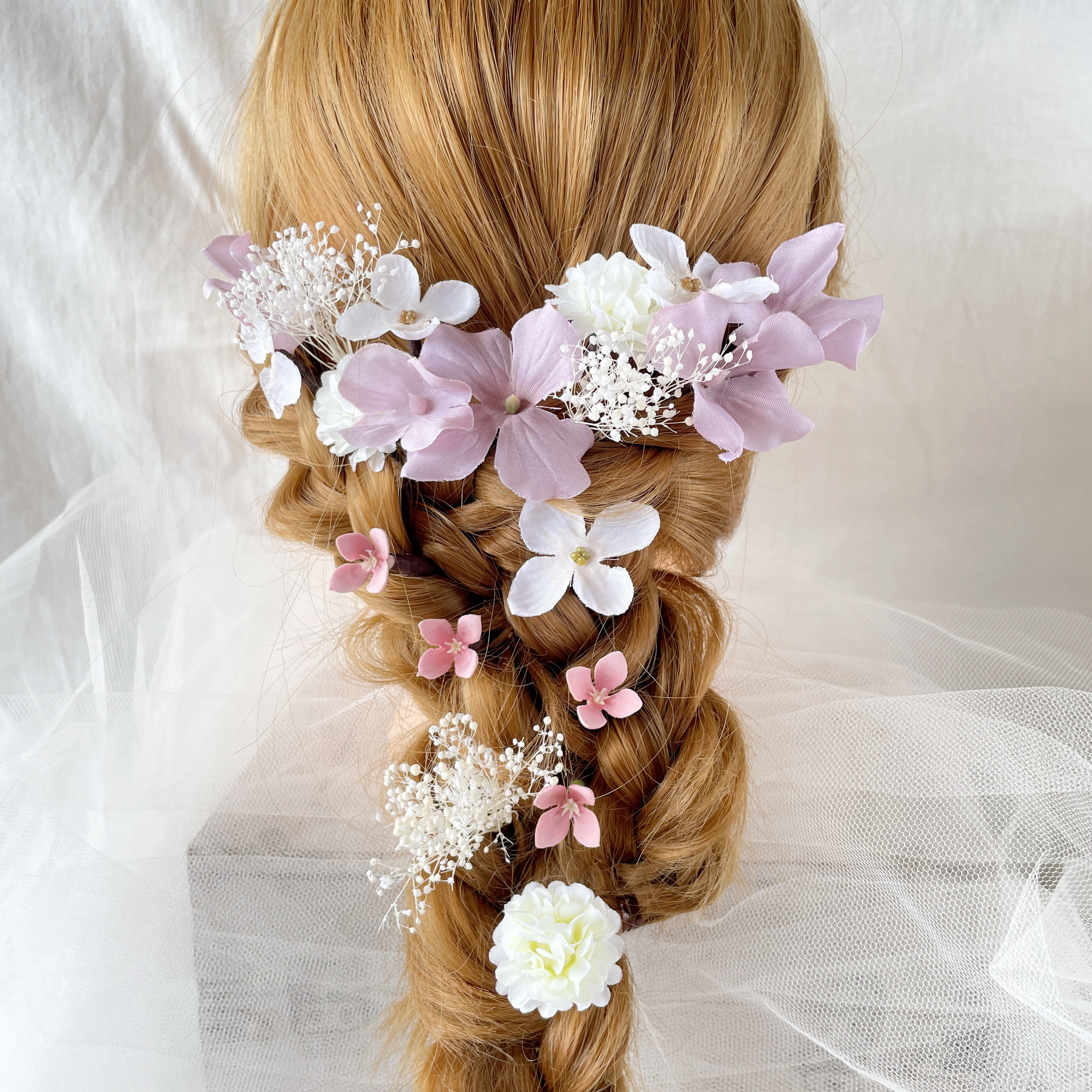 ブライダル　ウエディング　結婚式　かすみ草　成人式　卒業式　ローズ　ヘッドドレス　ラプンツェルヘア　髪飾り　袴　和装