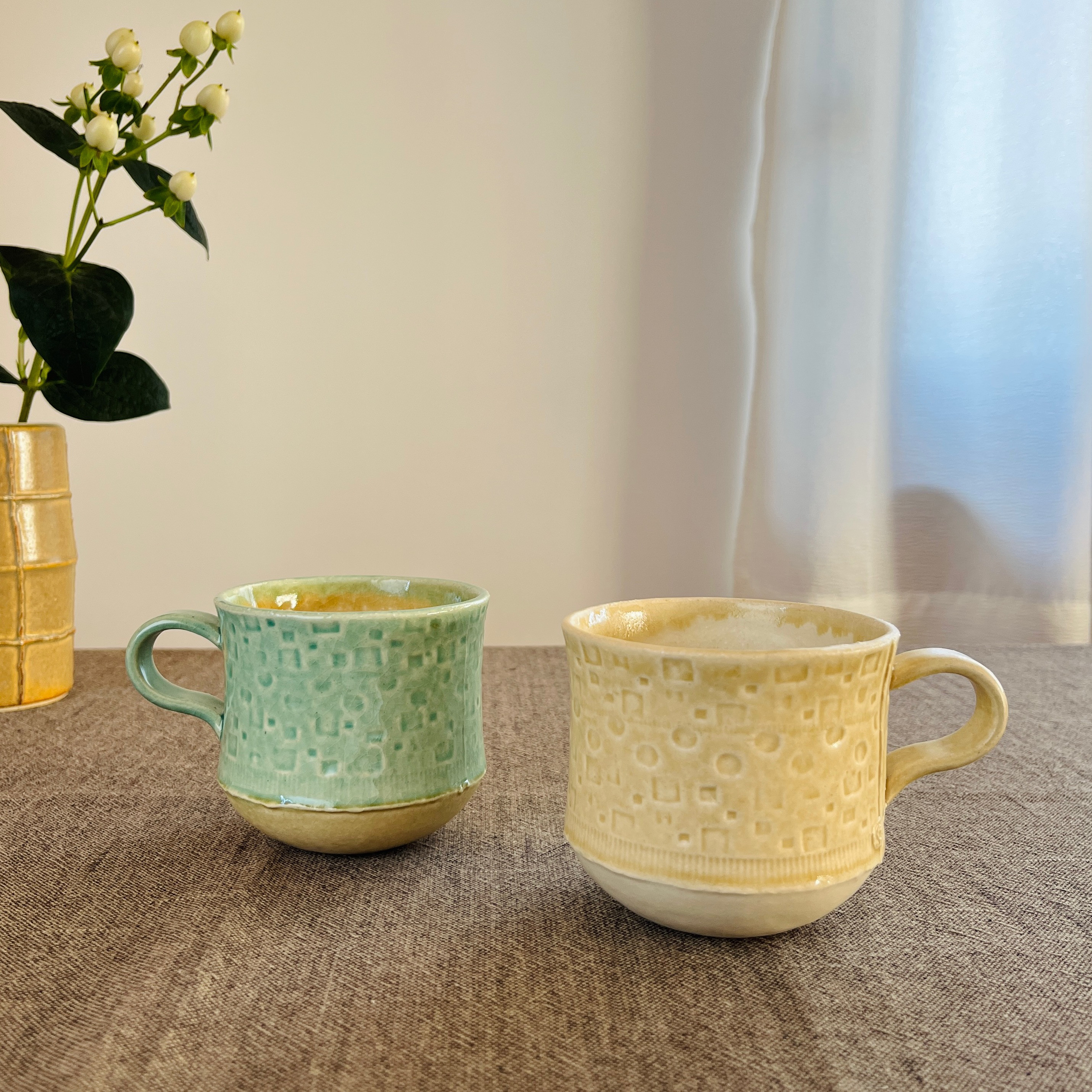 たわみ ペアまぐかっぷ（ブロックドット）【ベビーブルー＋イエロー／イエロー＋アイボリー】