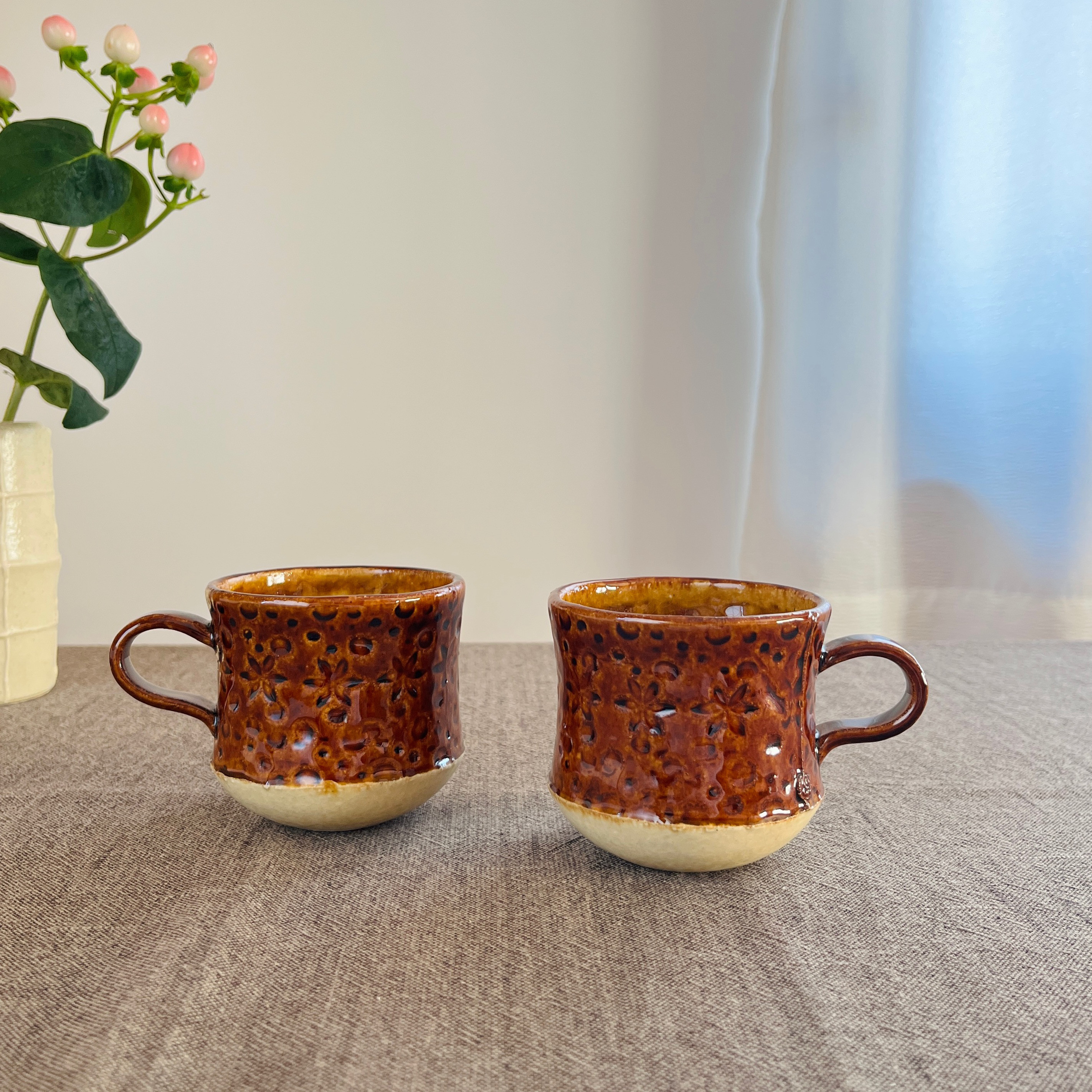 たわみ ペアまぐかっぷ（フラワードット）【ブラウン＋イエロー】