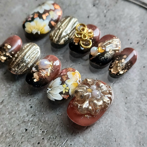 受注製作】 振袖 成人式 結婚式 茶×黒 ネイルチップ No.229 ネイル 