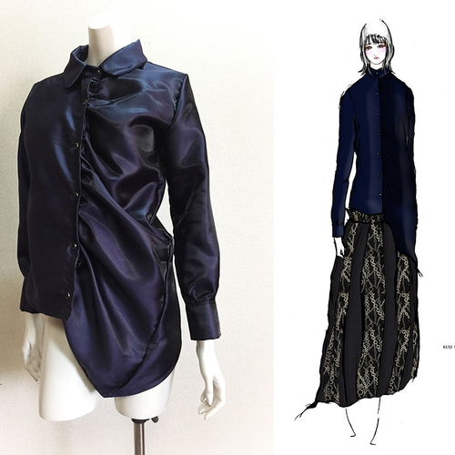 1点もの・デザイン画付き】ネイビーシャンタン風光沢シャーリング  