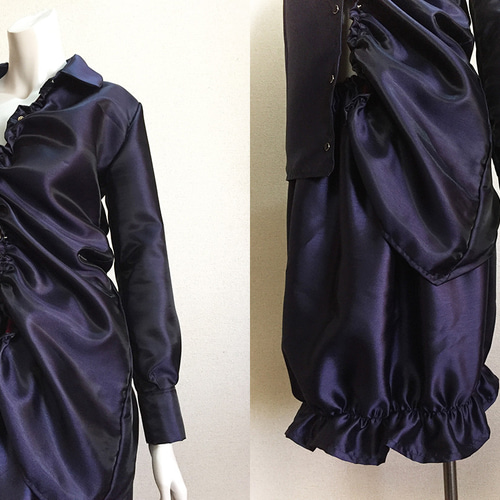 1点もの・デザイン画付き】ネイビーシャンタン風光沢ブラウス＋  