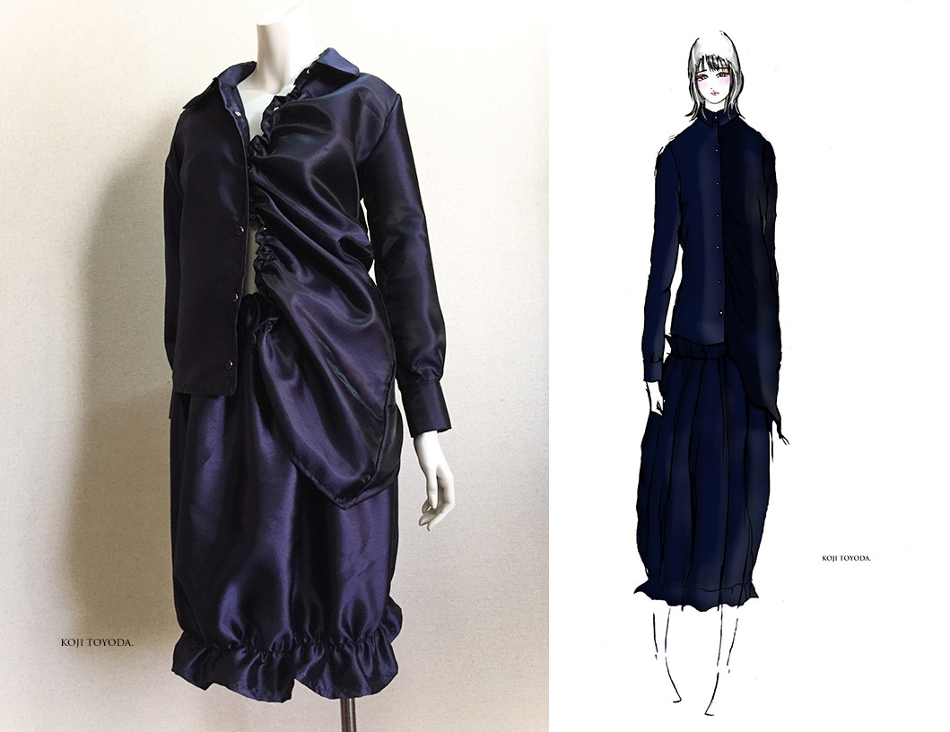 【1点もの・デザイン画付き】ネイビーシャンタン風光沢ブラウス＋スカート（KOJI TOYODA） 15,048円