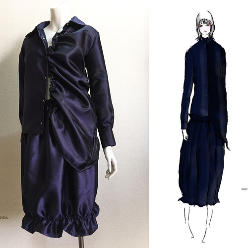 1点もの・デザイン画付き】ネイビーシャンタン風光沢ブラウス＋  