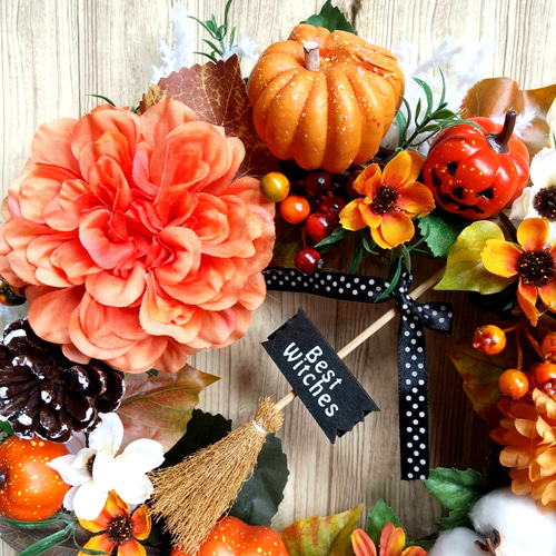 ダリアとカボチャのハロウィンリース☆玄関リース☆造花 秋