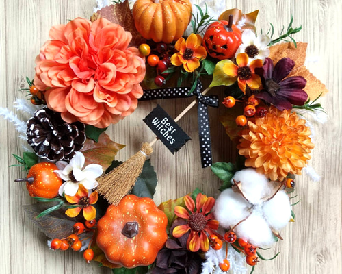 ダリアとカボチャのハロウィンリース☆玄関リース☆造花 秋リース