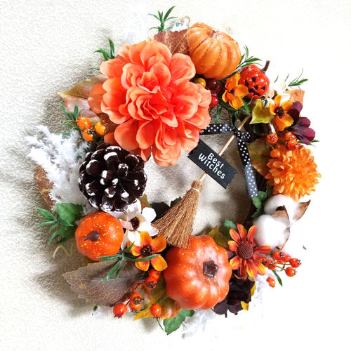 ダリアとカボチャのハロウィンリース☆玄関リース☆造花 秋リース