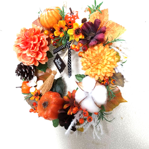 ダリアとカボチャのハロウィンリース☆玄関リース☆造花 秋リース