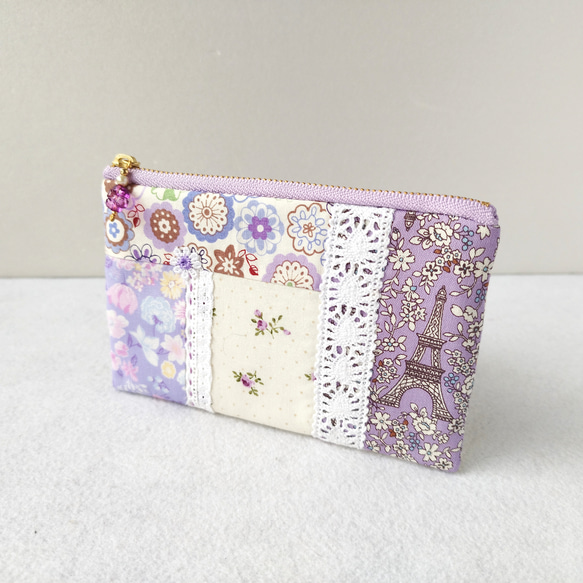 ○パッチワーク＊エッフェル塔とおしゃれな花柄＊紫でまとめたミニ