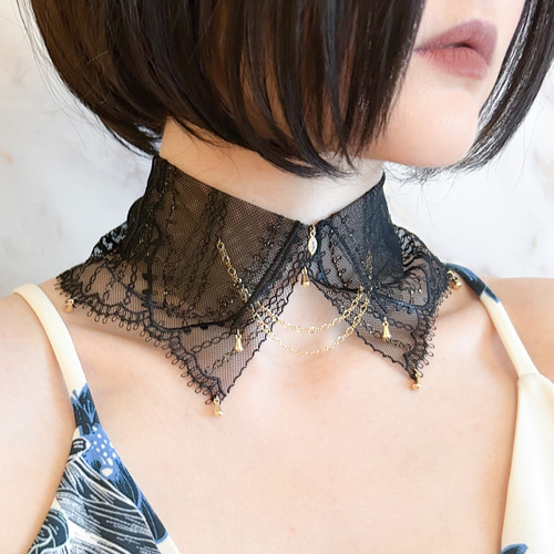 ブラック：夢から覚めた眠りの妖精：幅広レースの付け襟