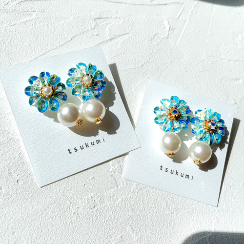 14kgfブルーオパールゴールドフラワースリムピアス/イヤリング 華- スパンコール ブルー／お花/パール/ ピアス/イヤリング ピアス