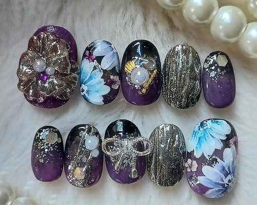 受注製作】 振袖 成人式 結婚式 紫×黒 ネイルチップ No.230 ネイル