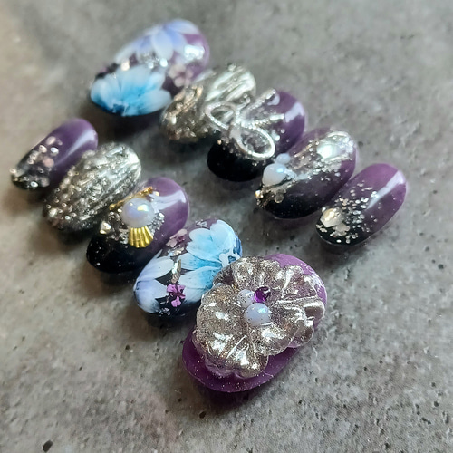 受注製作】 振袖 成人式 結婚式 紫×黒 ネイルチップ No.230 ネイル