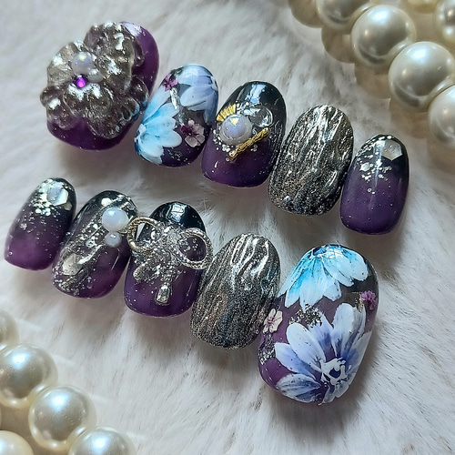 受注製作】 振袖 成人式 結婚式 紫×黒 ネイルチップ No.230 ネイル