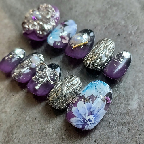 No.034】ネイルチップ♡成人式ネイル♡振袖和柄♡紫ネイル♡黒ネイル