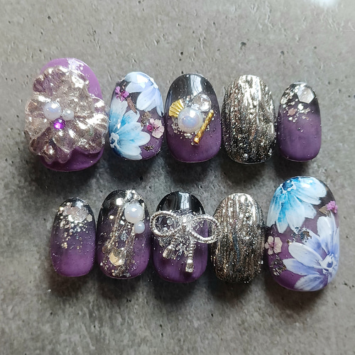 受注製作】 振袖 成人式 結婚式 紫×黒 ネイルチップ No.230 ネイル