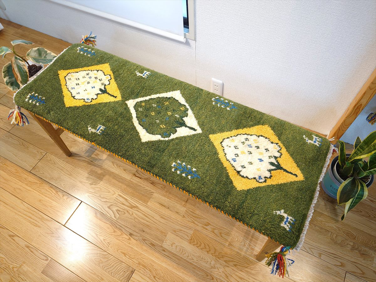 ペルシャ　ギャッベ　ミニランナー　114x40cm　生命の木　ほっこりした木　緑色