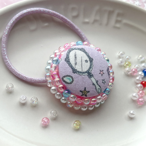 キラキラくるみボタン カフェシリーズ 27mm ビーズ刺繍 ヘアゴム