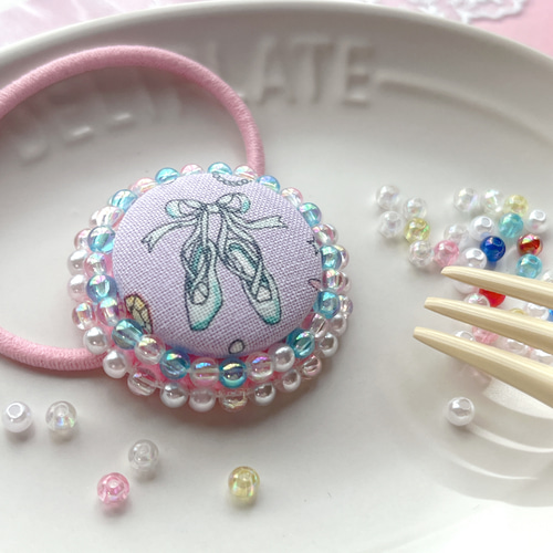 キラキラくるみボタン カフェシリーズ 27mm ビーズ刺繍 ヘアゴム