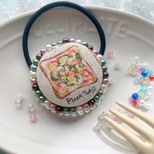 キラキラくるみボタン トーストシリーズ ビーズ刺繍 ヘアゴム キッズ