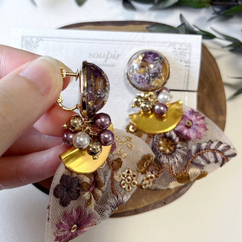 大ぶりチュールインド刺繍リボンタッセルイヤリング/ピアス イヤリング