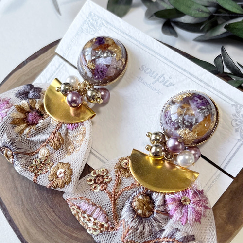 大ぶりチュールインド刺繍リボンタッセルイヤリング/ピアス イヤリング