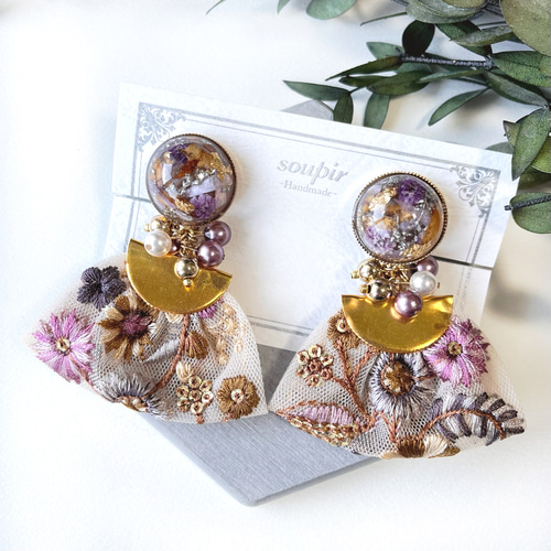 大ぶりチュールインド刺繍リボンタッセルイヤリング/ピアス イヤリング