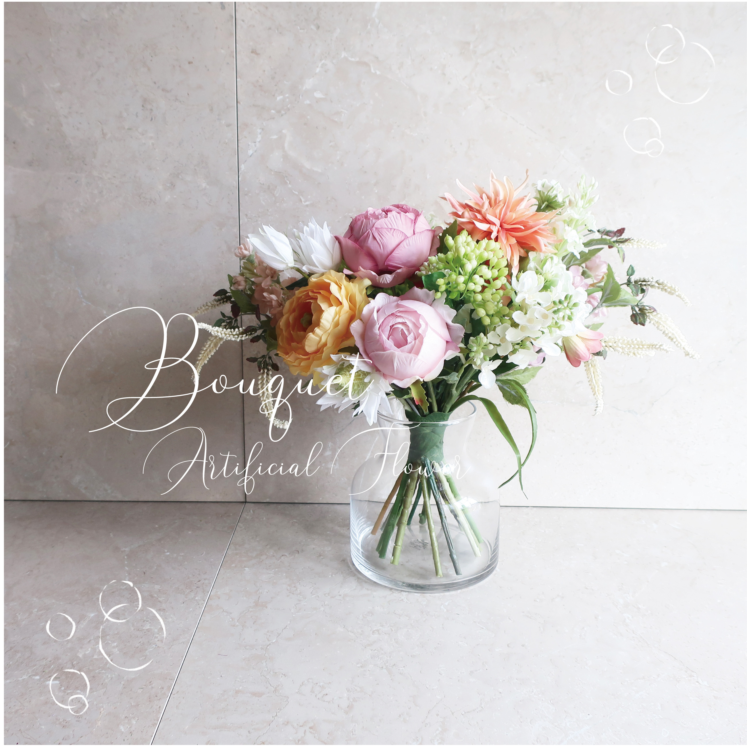 ピンクローズブーケ パステル　＊フラワーベース付き＊　Doux