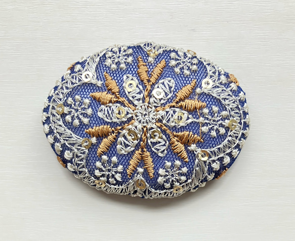 くるみボタン インド刺繍 ブローチ ヘアゴム 帯留 ネイビー ゴールド 