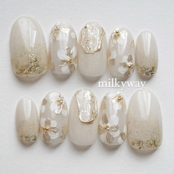 現品 ホワイト×ミラーフラワー ネイルチップ ネイルチップ（つけ爪