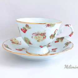 【受注制作】クリスマスパーティー♪ティーセット(カップ＆ソーサー、19.4cmプレート)　クリスマス食器　クリスマス柄 4枚目の画像