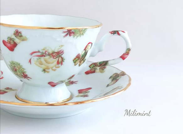 【受注制作】クリスマスパーティー♪ティーセット(カップ＆ソーサー、19.4cmプレート)　クリスマス食器　クリスマス柄 5枚目の画像