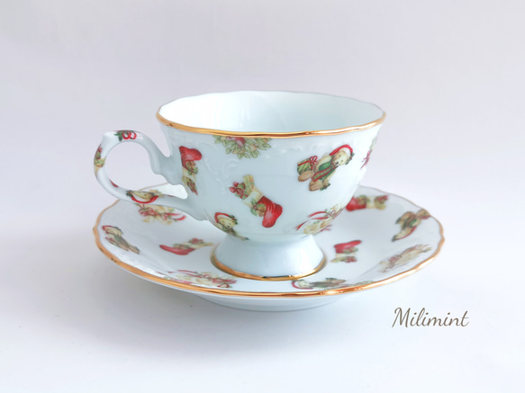 【受注制作】クリスマスパーティー♪ティーセット(カップ＆ソーサー、19.4cmプレート)　クリスマス食器　クリスマス柄 6枚目の画像