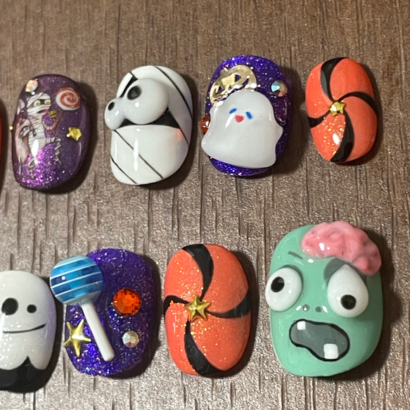 A54 ハロウィン ゾンビ ミイラ おばけ お菓子 かぼちゃ ネイルチップ 3枚目の画像